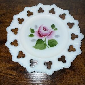 Vintage White Milk Glass Plate With Hand Painted Flower